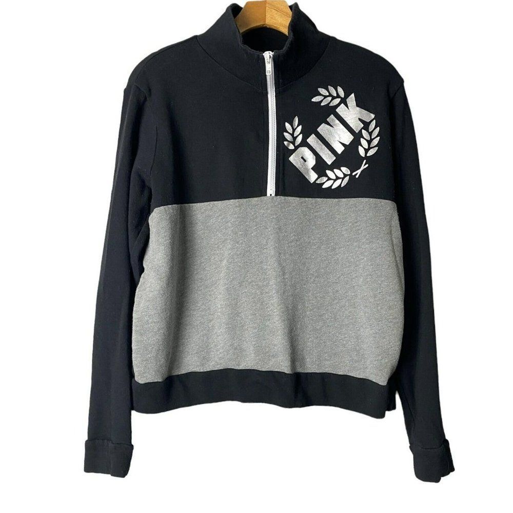 Victoria Secret Pink Sweater Women SM 1/4 Zip Hoodie Pullover Silver Black Gray